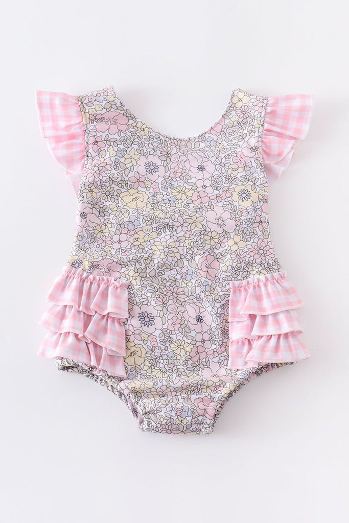 Baby Girls' Pink & White Ruffle Floral Swimsuit - Blue Marc