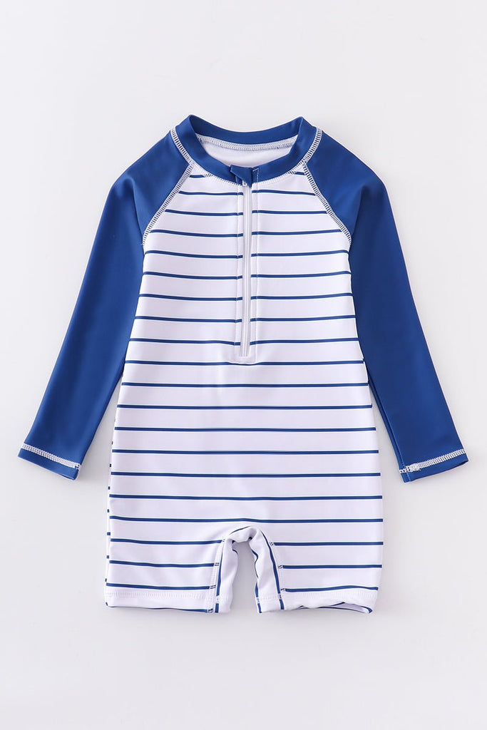 Boys' 1-Piece Blue Stripe Rashguard Swimsuit - Blue Marc