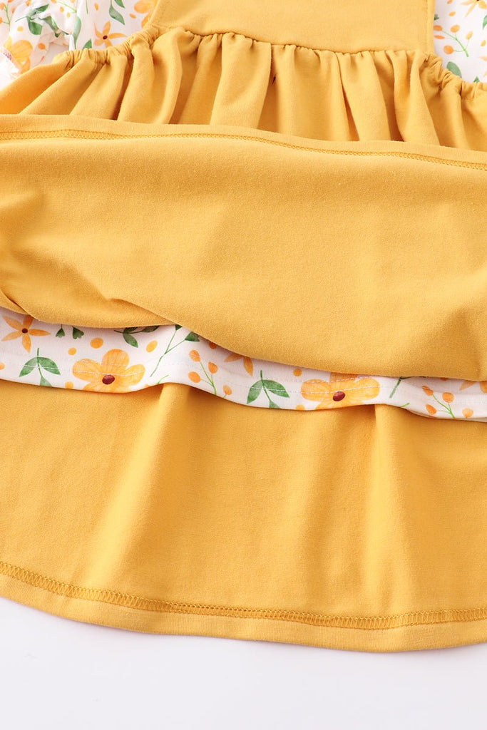 Girls 2 Piece Jumpsuit Dress Set - Mustard Floral Print - Blue Marc