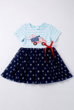 Little Girl's Blue Stripe Baseball Truck Dress - Blue Marc