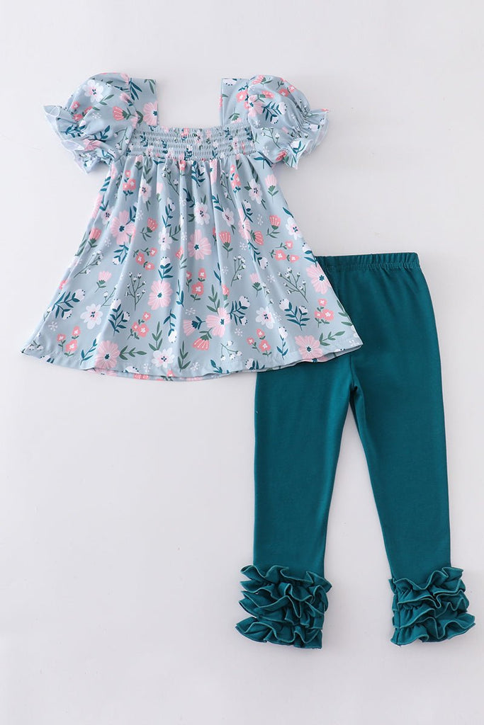Little Girls Turquoise Floral Tunic and Ruffled Leggings Set, 2 Piece - Blue Marc