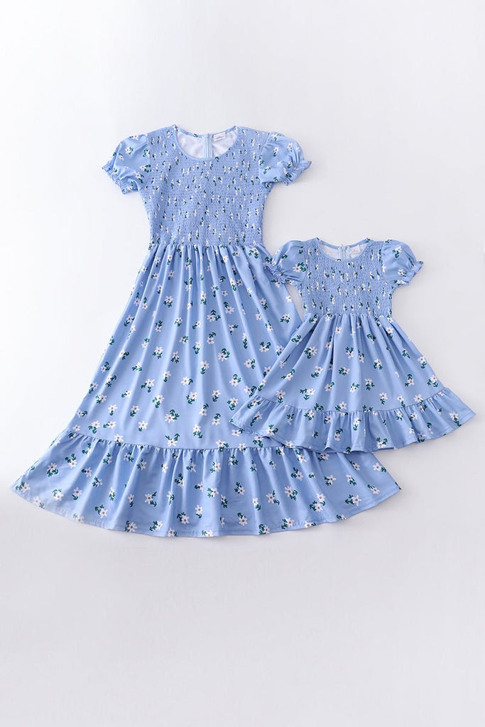 Mommy & Me Sky Blue Floral Seersucker Dress - Blue Marc