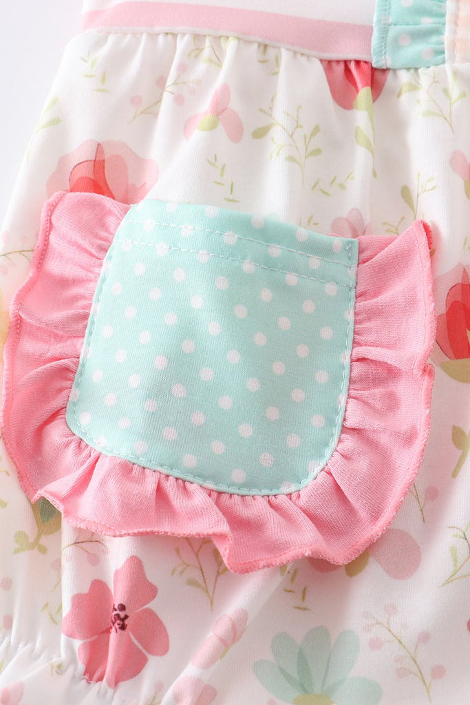 Patchwork Blossoms: Baby Girl Romper in Pink - Blue Marc