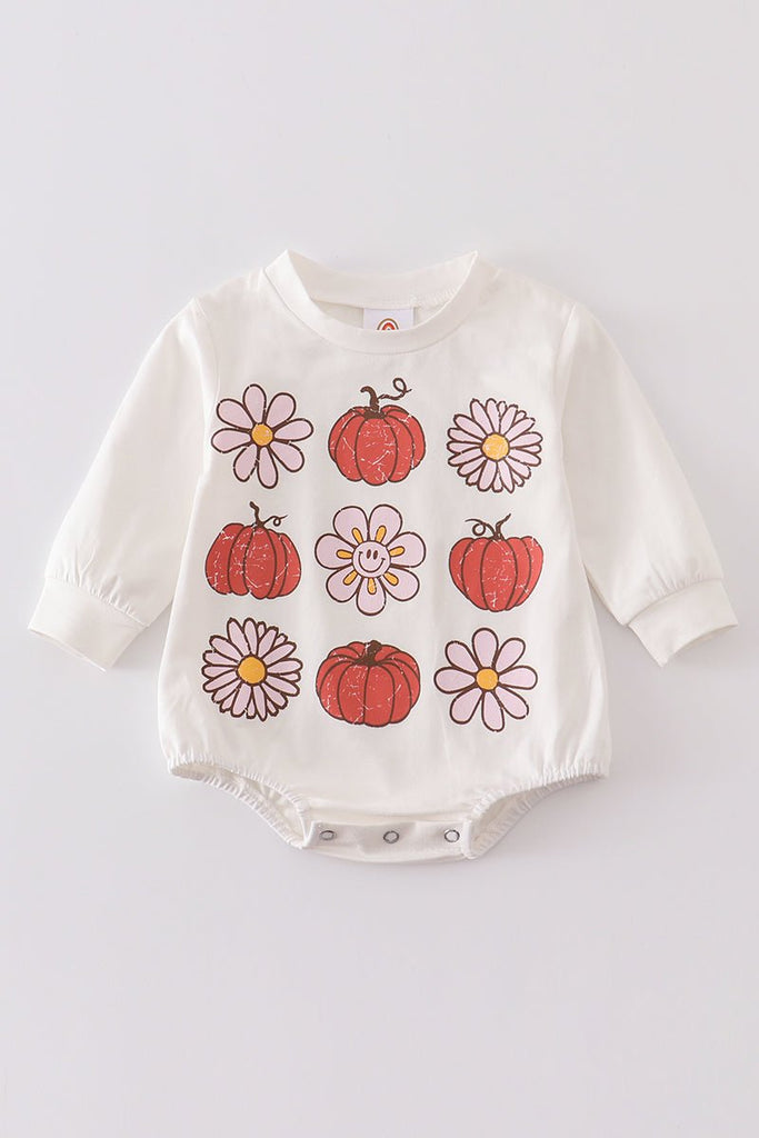 Pumpkin Patch Magic: White Long Sleeve Pumpkin Jumpsuit - Baby Girl - Blue Marc