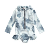 Ruffle-Trim One-Piece Rashguard Swimsuit for Toddler Girl - Blue Marc