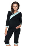Serenity in Style: Black and Teal Nursing Pajamas Set - Blue Marc